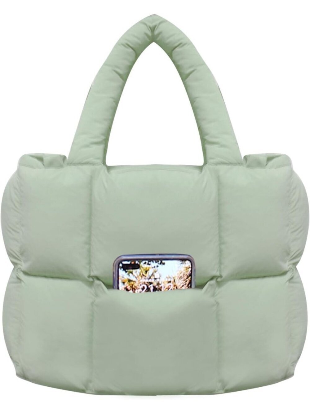Women's Light Green Lightweight Puffer Tote Adjustable Shoulder Strap Handbag
